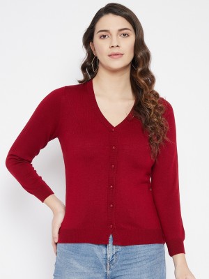Zigo Solid V Neck Casual Women Red Sweater
