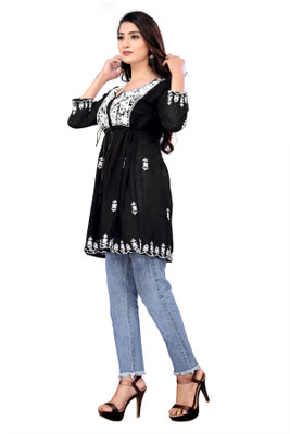 DV Creation Casual Embroidered Women Black Top