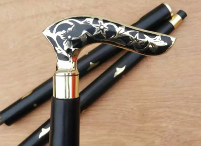 AntiqueHouse beautful flower leaf brass handle black walking stick Walking Stick