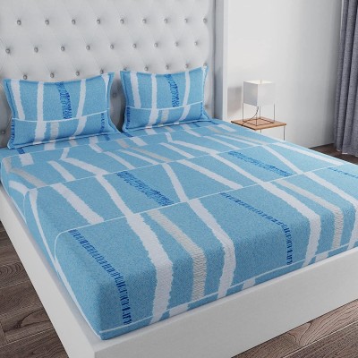 Huesland 144 TC Cotton Double Printed Flat Bedsheet(Pack of 1, White, Blue)