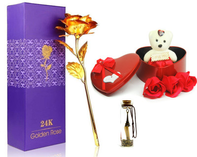 VECRAFT Artificial Flower Box, Soft Toy & Message Bottle Gift Box Greeting Card(Golden, Red, Pack of 1)