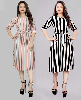 tanvi creation Women Skater White, Pink Below Knee Dress