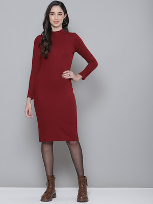 SASSAFRAS Women Bodycon Maroon Below Knee Dress