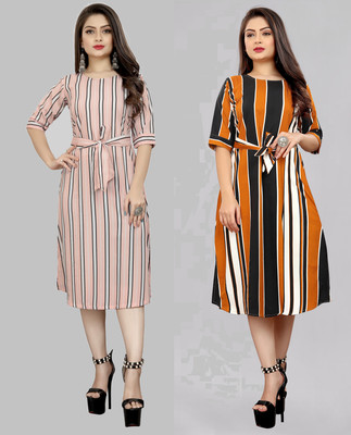 tanvi creation Women Skater Pink, Yellow Knee Length Dress