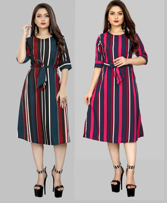 Hiral Creation Women Skater Green, Pink Knee Length Dress