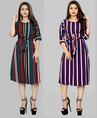 tanvi creation Women Skater Green, Purple Knee Length Dress