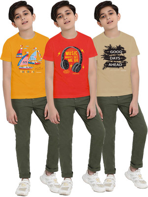 Jingo Boys Printed Cotton Blend Regular T Shirt(Yellow, Pack of 3)