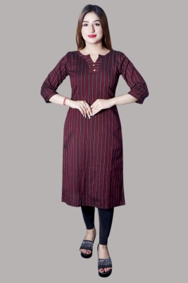 LIBSADRESSES Women Striped Straight Kurta(Maroon)