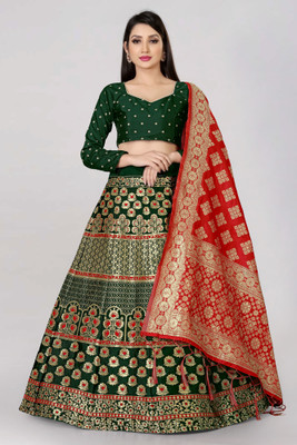 Fabcartz Self Design Semi Stitched Lehenga Choli(Dark Green, Red)