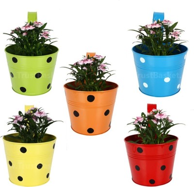 TrustBasket Set of 5 - Single Pot Railing Planter - (Red,Yellow,Blue,Orange,Green) Plant Container Set(Pack of 5, Metal)