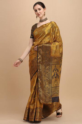 KAVINDI Self Design Banarasi Silk Blend Saree(Beige)