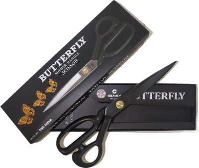 Butterfly 11 Inch Premium Tailoring Scissor for Cloth Cutting with Black Rubber Handle - Professional Fabric Machine Sewing Anti-Rust Stainless Steel Tailor Scissors Small Light Weight for both left and right handed Scissors(Set of 1, Black)