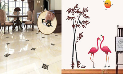 Walltech 90 cm leaf floor and Sunset swan Self Adhesive Sticker(Pack of 2)
