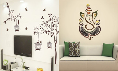 GharKraft 90 cm Free Bird Cage Brown and Royal Ganesh Self Adhesive Sticker(Pack of 2)