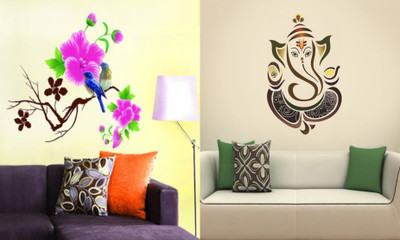 Walltech 90 cm Blue Bird and Royal Ganesh Self Adhesive Sticker(Pack of 2)