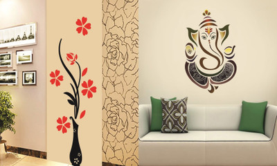 Walltech 90 cm Flower Vase Red and Royal Ganesh Self Adhesive Sticker(Pack of 2)