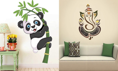 Walltech 90 cm Baby Panda and Royal ganesh Self Adhesive Sticker(Pack of 2)
