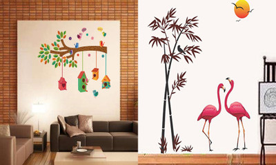 Walltech 90 cm bird house on branch and Sunset Swan Self Adhesive Sticker(Pack of 2)