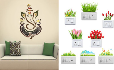 GharKraft 90 cm Royal Ganesh and SB Flower Self Adhesive Sticker(Pack of 2)
