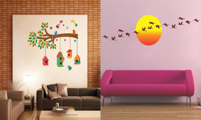GharKraft 90 cm bird house on branch and Sunrise Flying birds Self Adhesive Sticker(Pack of 2)