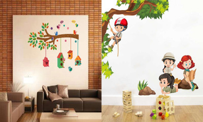 Walltech 90 cm bird house on branch and Kids Activity Self Adhesive Sticker(Pack of 2)
