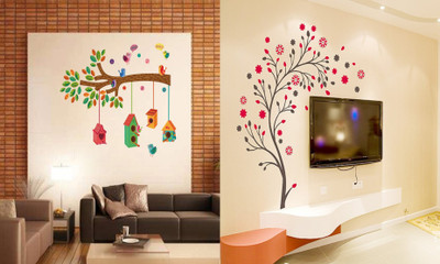 Walltech 90 cm bird house on branch and Magical Tree Self Adhesive Sticker(Pack of 2)