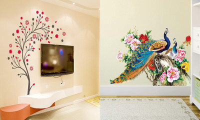 Walltech 90 cm Magical Tree and Royal Peacock Self Adhesive Sticker(Pack of 2)
