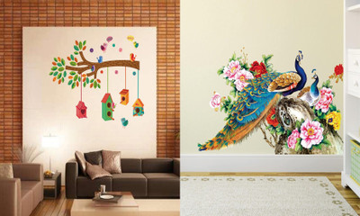 GharKraft 90 cm bird house on branch and Royal Peacock Self Adhesive Sticker(Pack of 2)