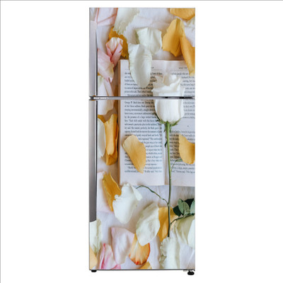 Decor studio 152.4 cm Decorative Beautiful white rose with book and ink and yellow leaves fridge sticker Self Adhesive Sticker(Pack of 1)