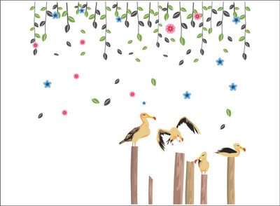 décor nirmal 91 cm Multicolor Flowers bell beautifull bird seeting poll flying bird poster kids room home drawing room sticker size by [91x84] Self Adhesive Sticker(Pack of 1)
