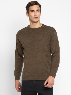 Alan Jones Solid Round Neck Casual Men Brown Sweater