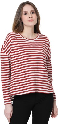 VERO MODA Striped Women Round Neck Maroon T-Shirt