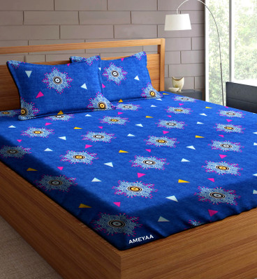 AMEYAA 180 TC Cotton Double Printed Fitted (Elastic) Bedsheet(Pack of 1, Light Blue)