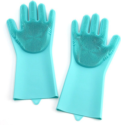 Qozent Hand Gloves For Kitchen Dish Washing Combo- Reusable Rubber Silicon Household Safety Wash Scrubber Heat Resistant Kitchen Gloves for Dish washing, Cleaning, Gardening Wet and Dry Glove hand gloves for kitchen (Multicolour, 1 Pair, free size) Wet and Dry Glove(Free Size)