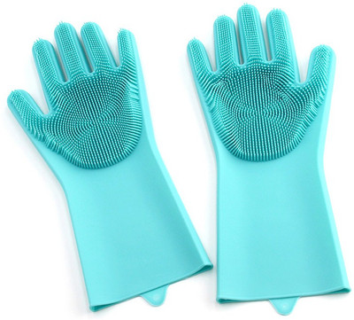 Qozent Kitchen Gloves Water Proof- Reusable Rubber Silicon Household Safety Wash Scrubber Heat Resistant Kitchen Gloves for Dish washing, Cleaning, Gardening Wet and Dry Glove hand gloves for kitchen (Multicolour, 1 Pair, free size) Wet and Dry Glove(Free Size)