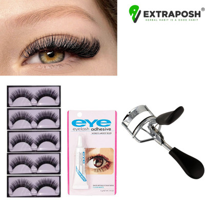 Extraposh New eye lash curler With Eyelashes Pack of 5 Pair With Eyelash Adhesive Glue Artificial Eyelashes