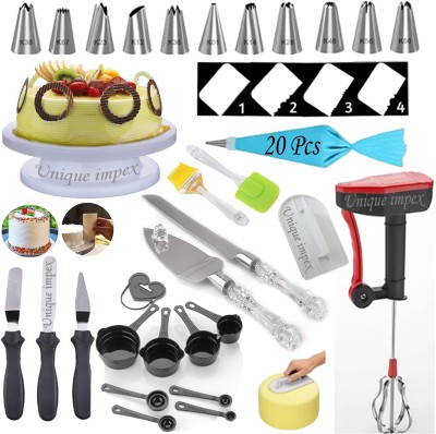 Unique Impex Cake combo-6-3K 20 Pcs Disposable Frosting Icing Piping Bag + Easy Rotate Cake Turntable + 8 Pcs Black Measuring Cups and Spoon + Power Free Hand Blender + Silicone Spatula and Brush Set + 4 Pcs Scraper set + 12 Piece Cake Decorating Set with Piping Bag + 3-in-1 Multi-Function Stainless