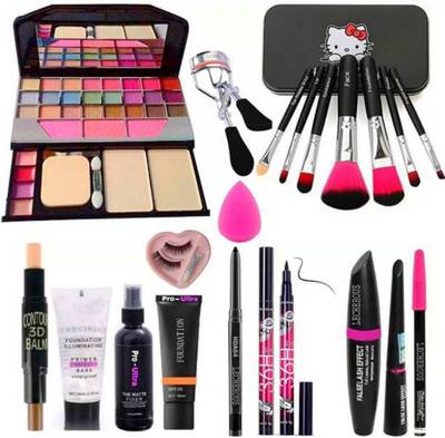 venvo 7pcs Makeup Brush set with TYA makeup kit,3D contour stick,Primer, Fixer, high quality foundation, Kajal, Waterproof 36H Sketch eyeliner and 3in1 Combo set ,eyelashes curler and eyelashes with glue and beauty blander (Pack of 12) (12 Items in the set)