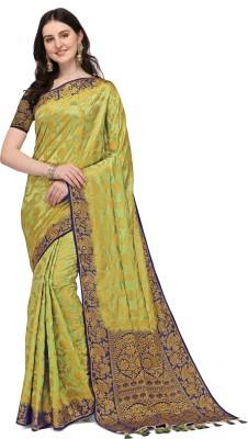 COSBILA FASHION Woven Banarasi Cotton Silk Saree(Green)