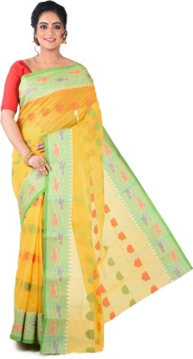 Avik Creations Self Design, Embroidered, Embellished, Woven Tant Handloom Cotton Blend, Pure Cotton Saree(Green, Yellow)