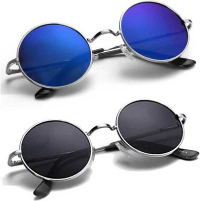 RMKK Round Sunglasses(For Men & Women, Black, Blue)