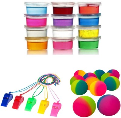 imtion 3 in 1 ( 2 Pcs Crystal Slime jelly clay any color + 1 Pcs Whistle + 1 Pcs Bouncing jumping ball any colour ) birthday gift for Boys and Girls- Multi Color