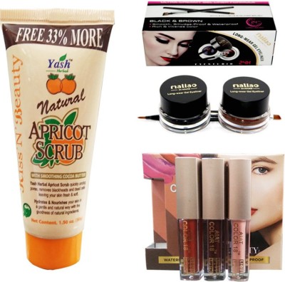 Yash Herbal Natural Apricot Scurb (50g), 24Hr Long Wear Gel Eyeliner 2 in 1 (Brown & Black, 3g each) & Set of 3 Liquid Matte Lipstick (2ml, each) by Janvi Enterprises(3 Items in the set)