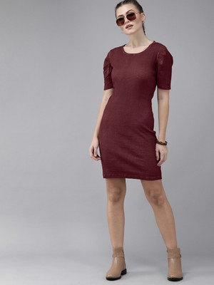 Roadster Women Sheath Maroon Above Knee/Mid Thigh Length Dress