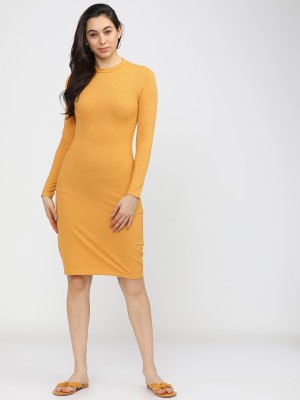 Tokyo Talkies Women Ribbed Yellow Dress