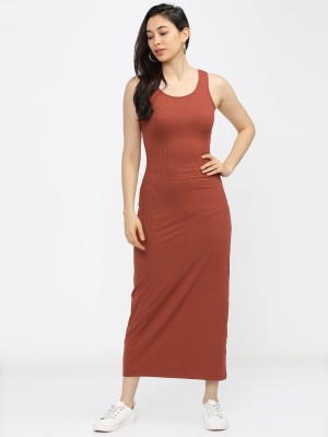 Tokyo Talkies Women Ribbed Orange Dress