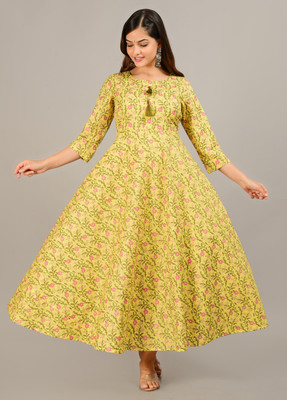 Sanganer Export Women Printed Flared Kurta(Yellow)