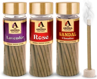 The Aroma Factory Dhoop batti (Lavender, Rose, Chandan) No Bamboo No Charcoal Pooja Dhoop Sticks with Incense Holder, 3 Jars Fragrance Dhoop(30, Set of 3)