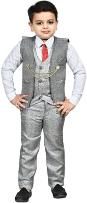 vkreation Boys Wedding Shirt, Waistcoat and Pant Set(Grey Pack of 1)