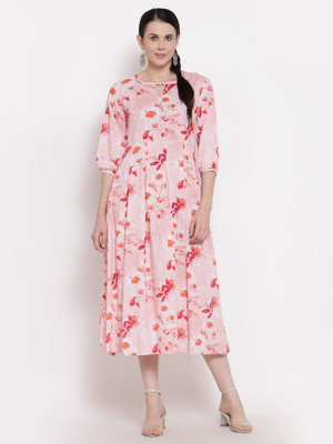 indibelle Women Fit and Flare Pink Midi/Calf Length Dress